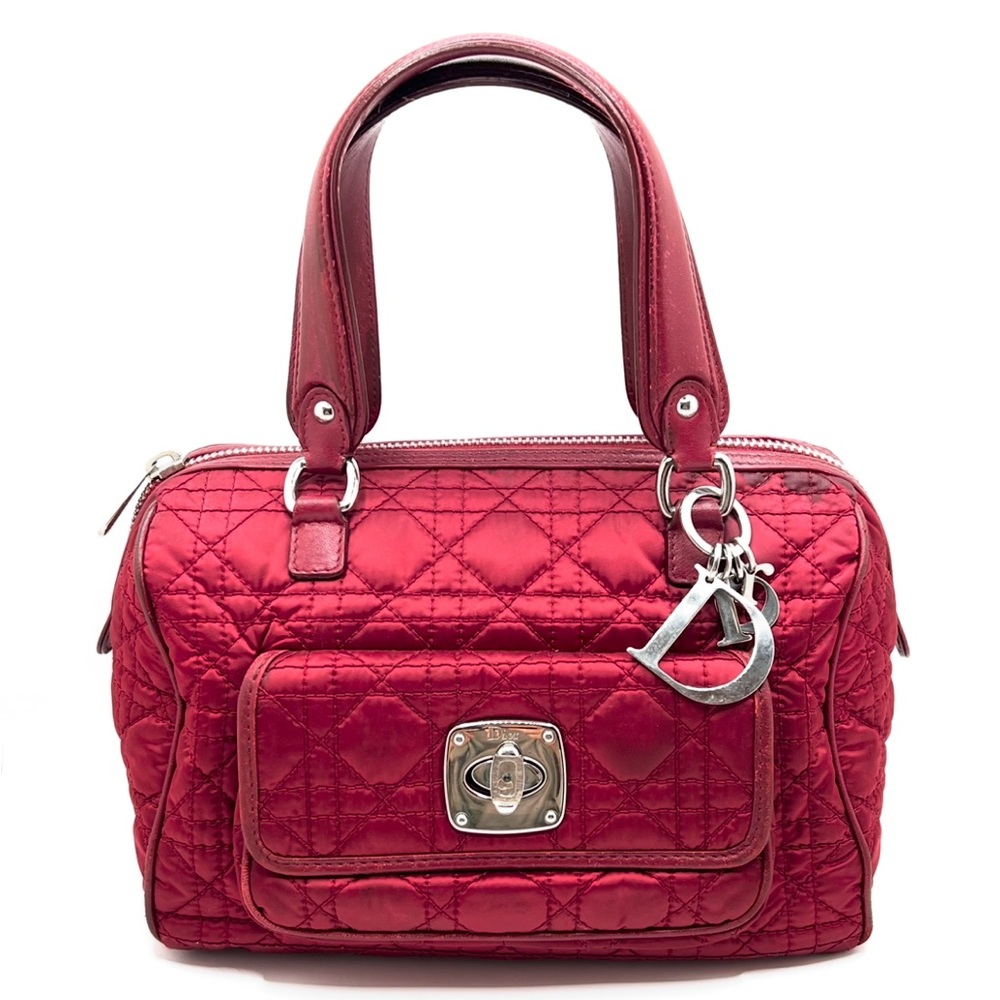 Authentic Christian DIOR Red Nylon x Leather Cannage Twist Lock Handbag W/ Charm